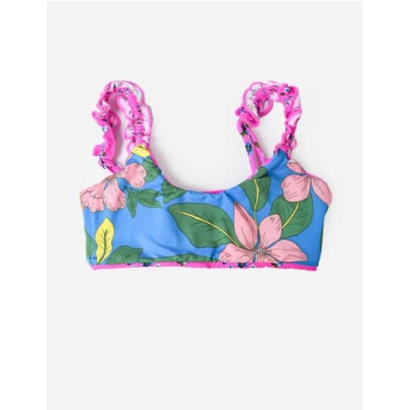 Maaji Girls Floral Bikini Top Ruffle & Scrunchie Straps Pink & Blue Size 10 NWT - Picture 1 of 6
